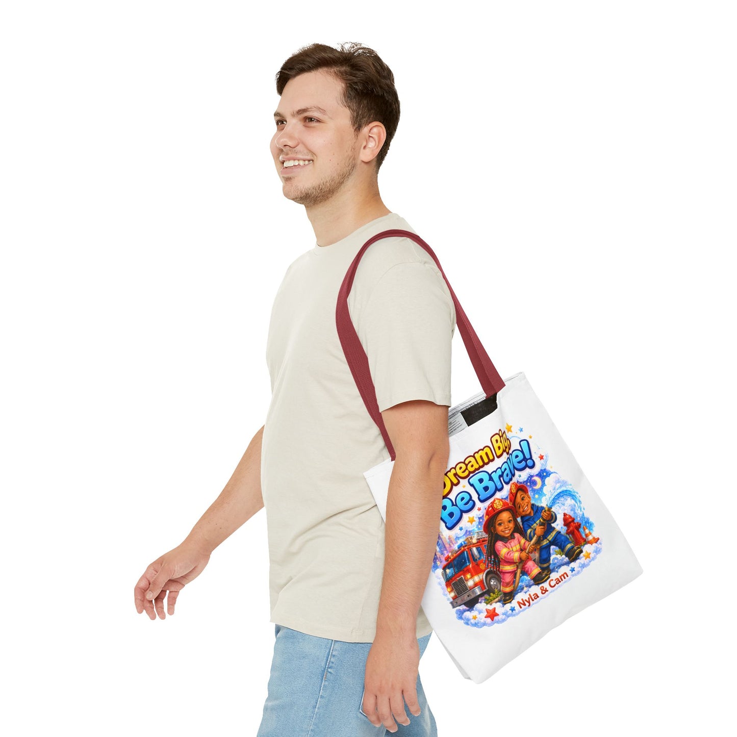 Dream Big Be Brave Tote Bag | Kids Firefighter Illustration