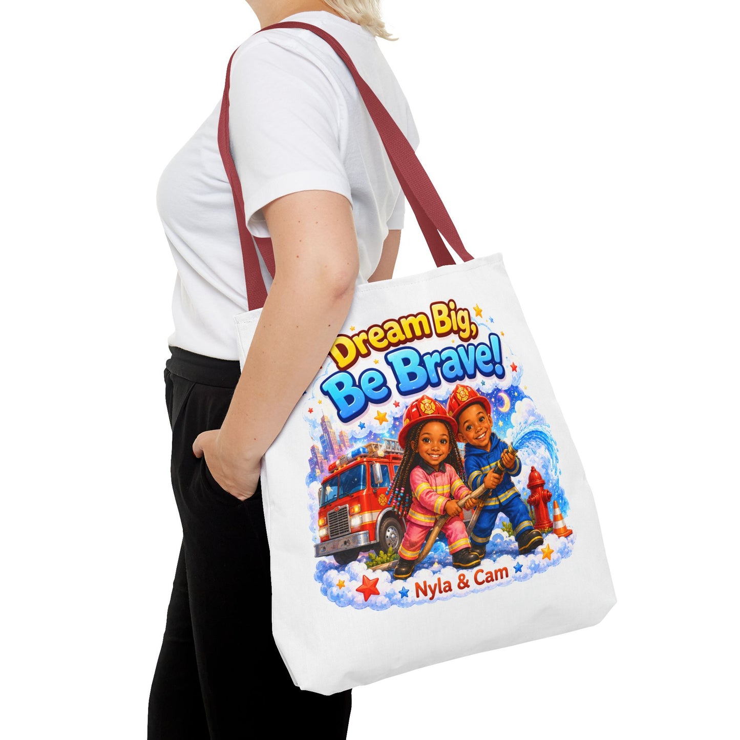 Dream Big Be Brave Tote Bag | Kids Firefighter Illustration