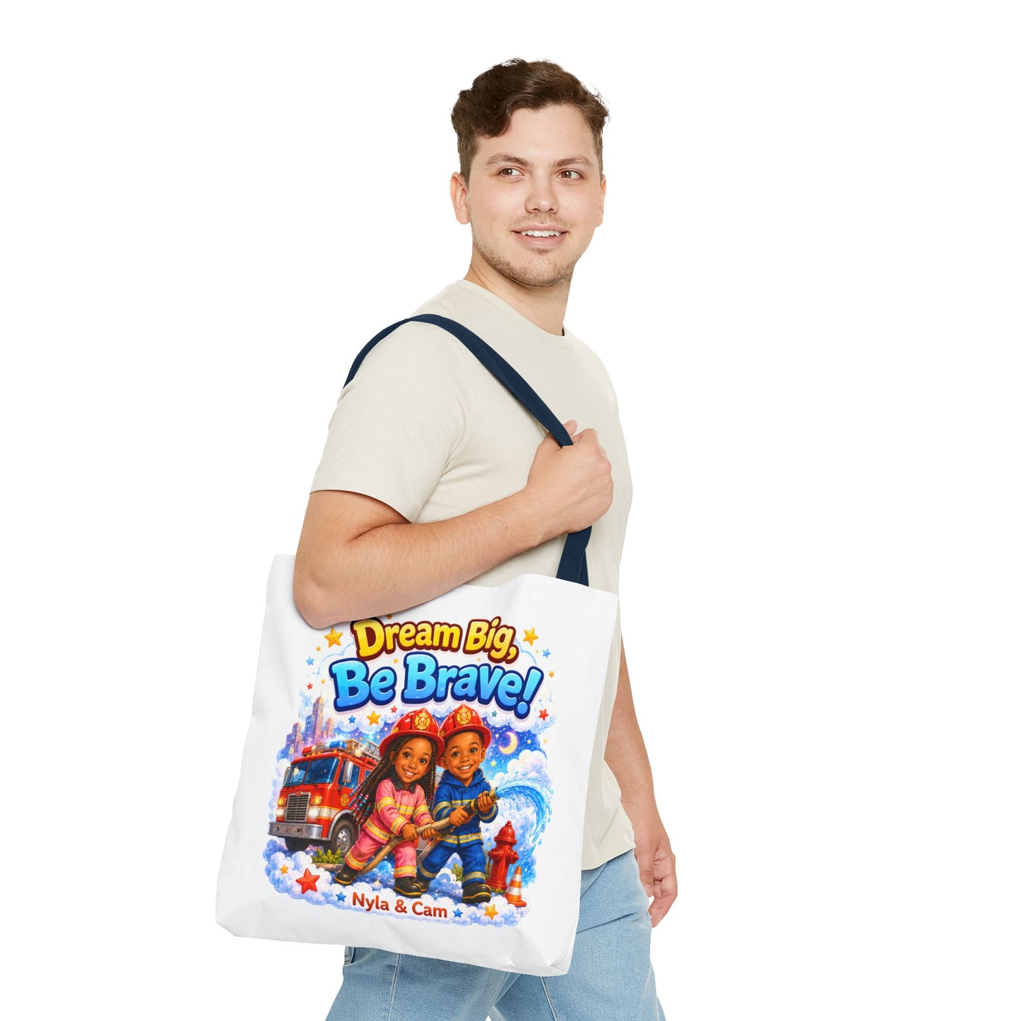 Dream Big Be Brave Tote Bag | Kids Firefighter Illustration