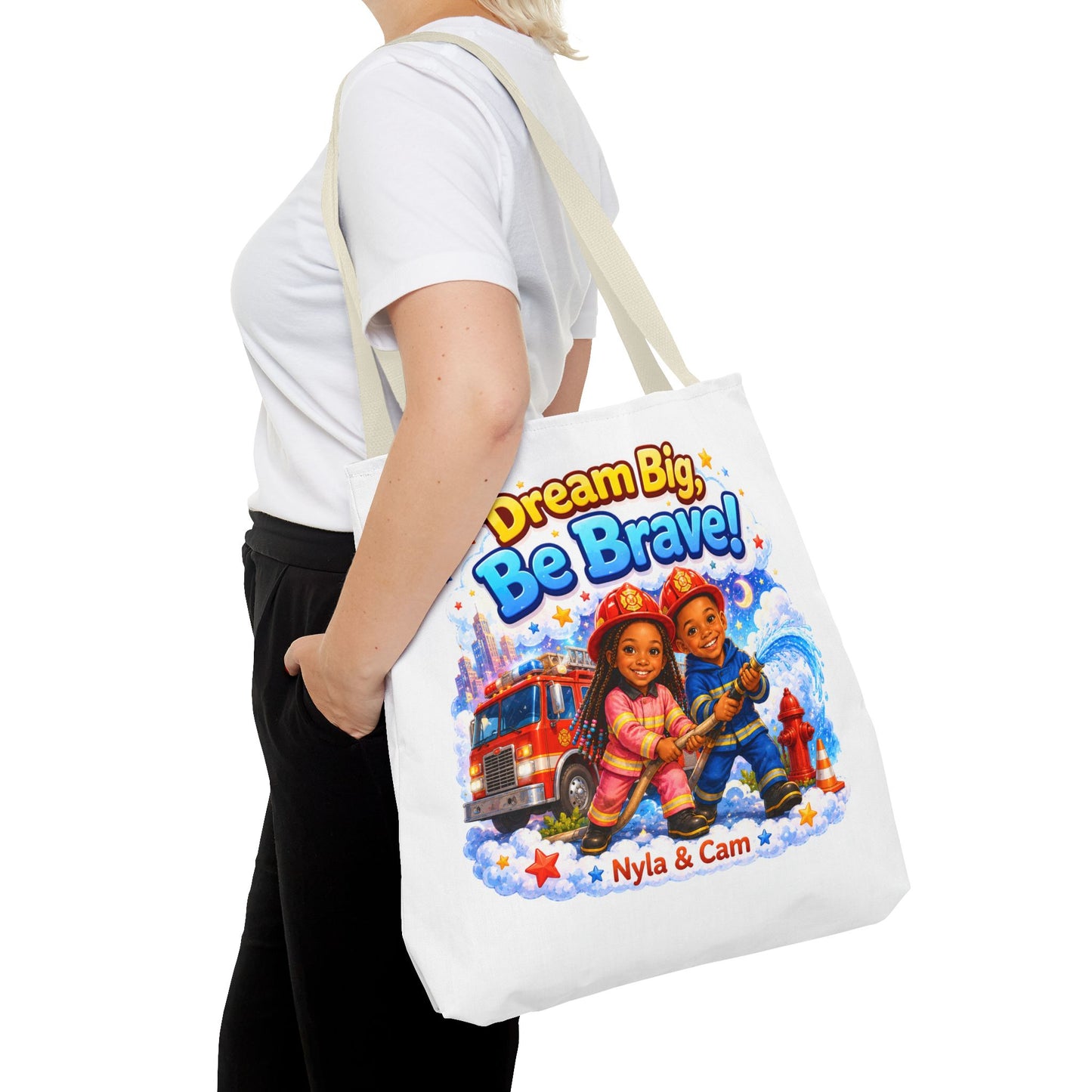 Dream Big Be Brave Tote Bag | Kids Firefighter Illustration