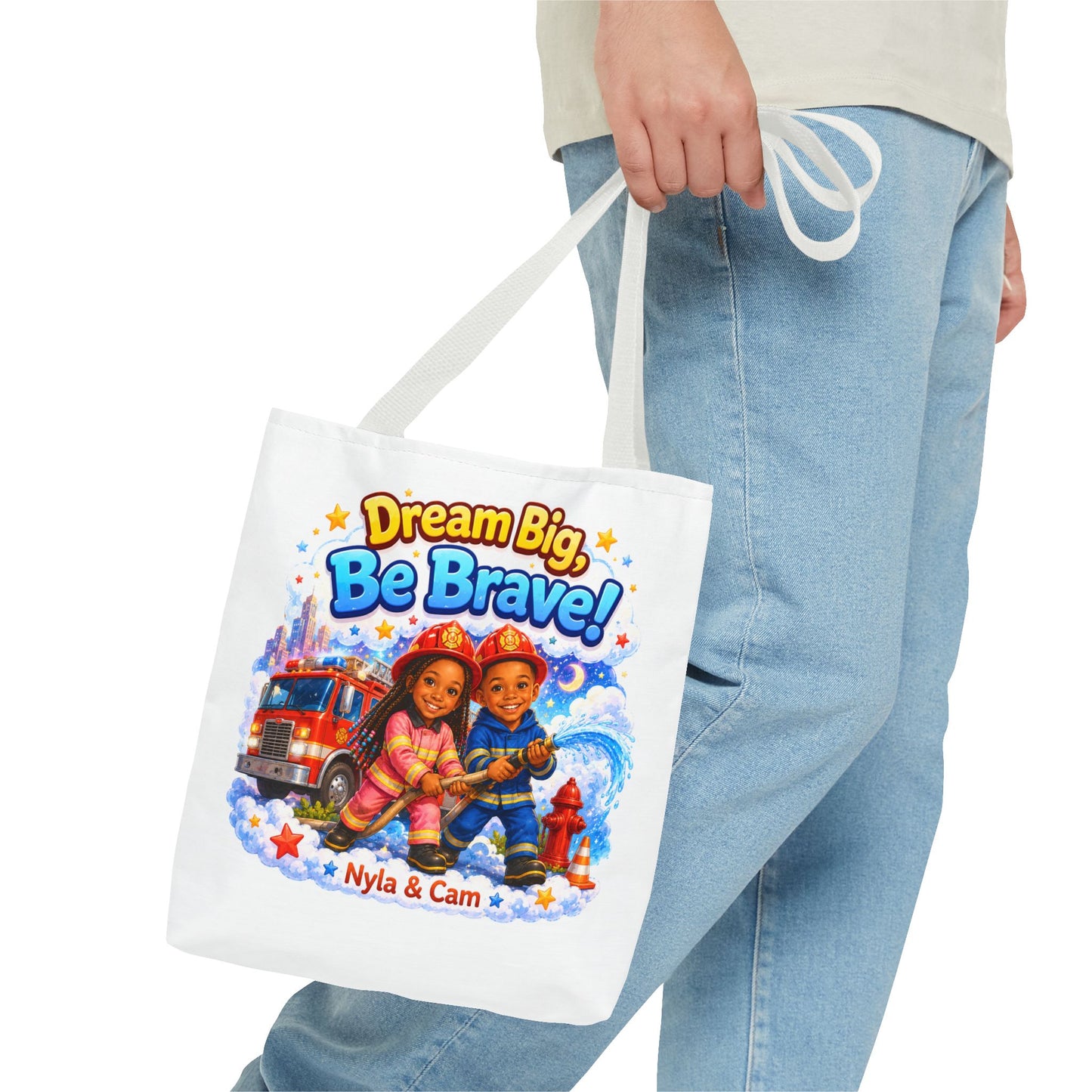 Dream Big Be Brave Tote Bag | Kids Firefighter Illustration