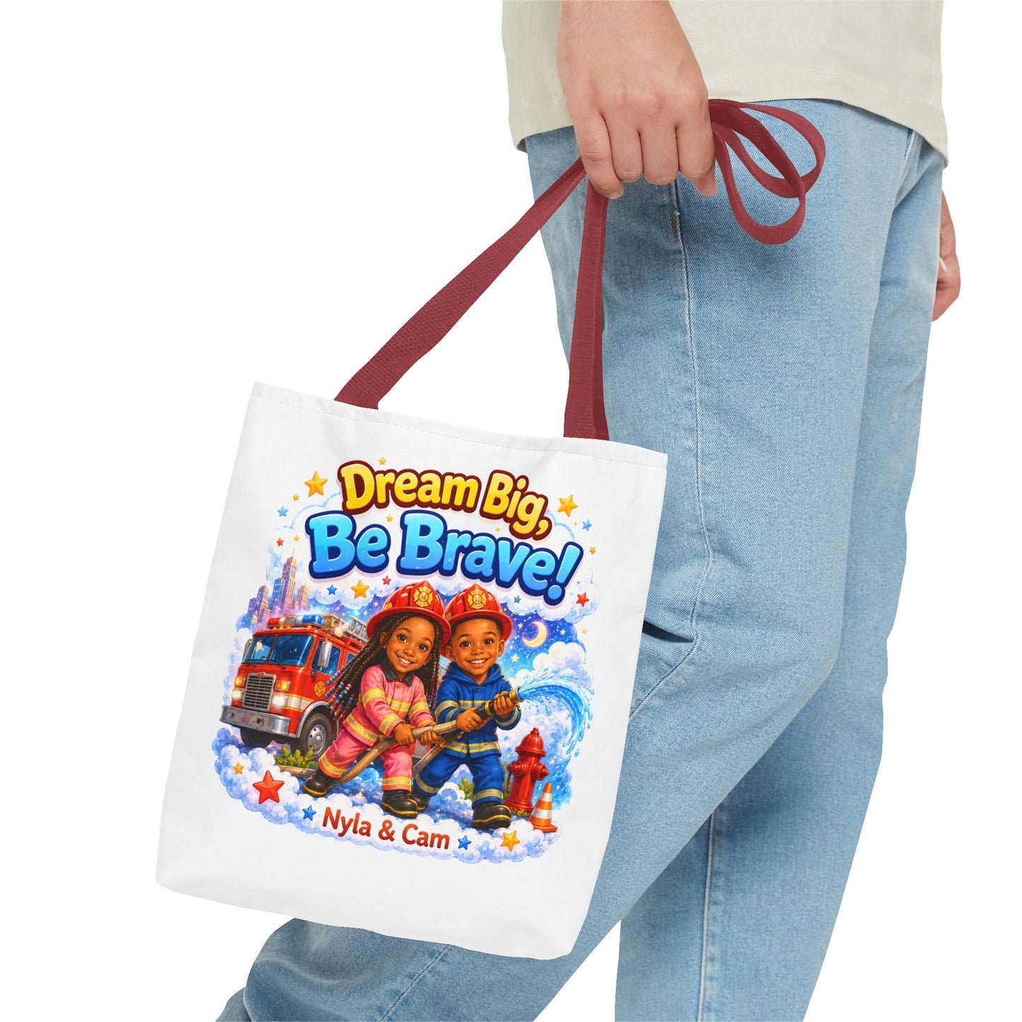 Dream Big Be Brave Tote Bag | Kids Firefighter Illustration
