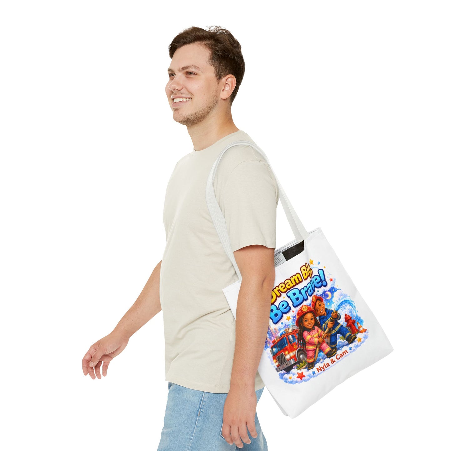 Dream Big Be Brave Tote Bag | Kids Firefighter Illustration