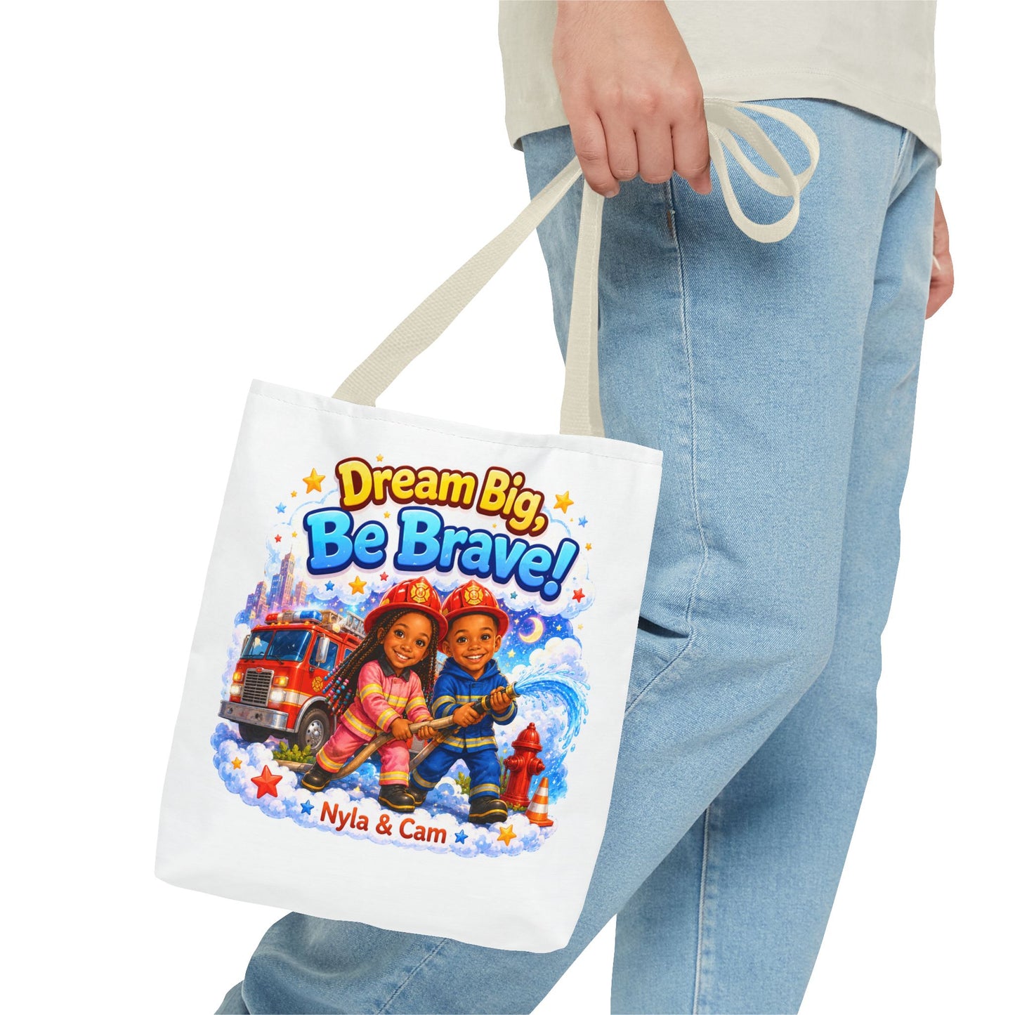 Dream Big Be Brave Tote Bag | Kids Firefighter Illustration