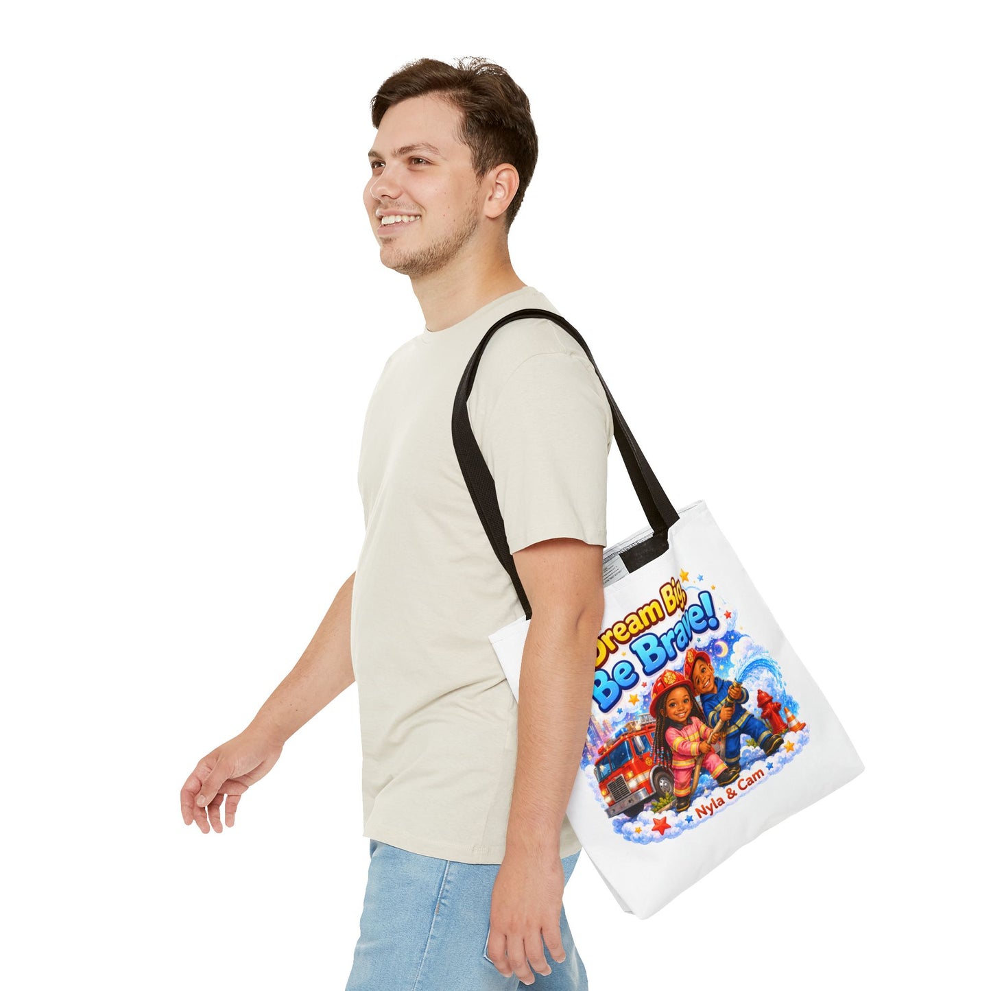 Dream Big Be Brave Tote Bag | Kids Firefighter Illustration