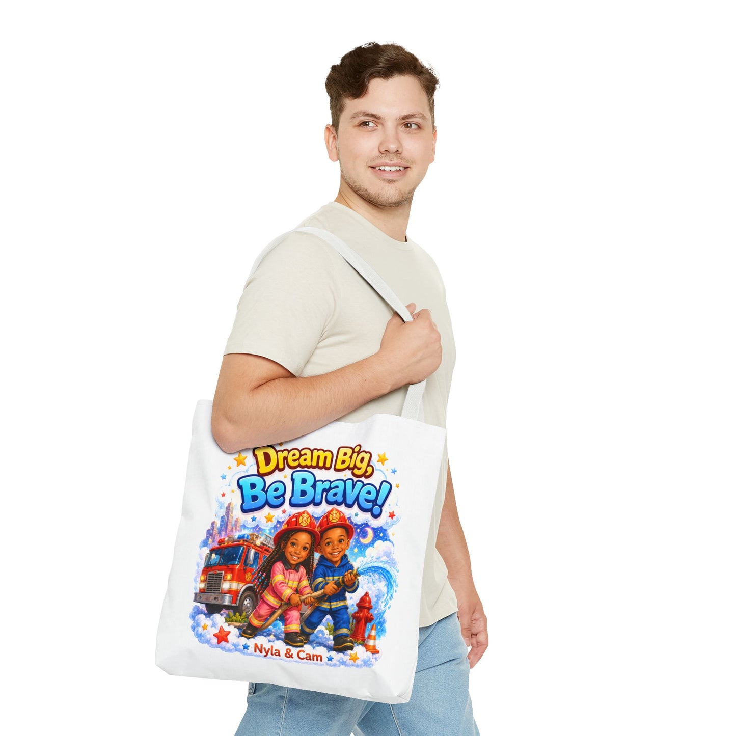 Dream Big Be Brave Tote Bag | Kids Firefighter Illustration