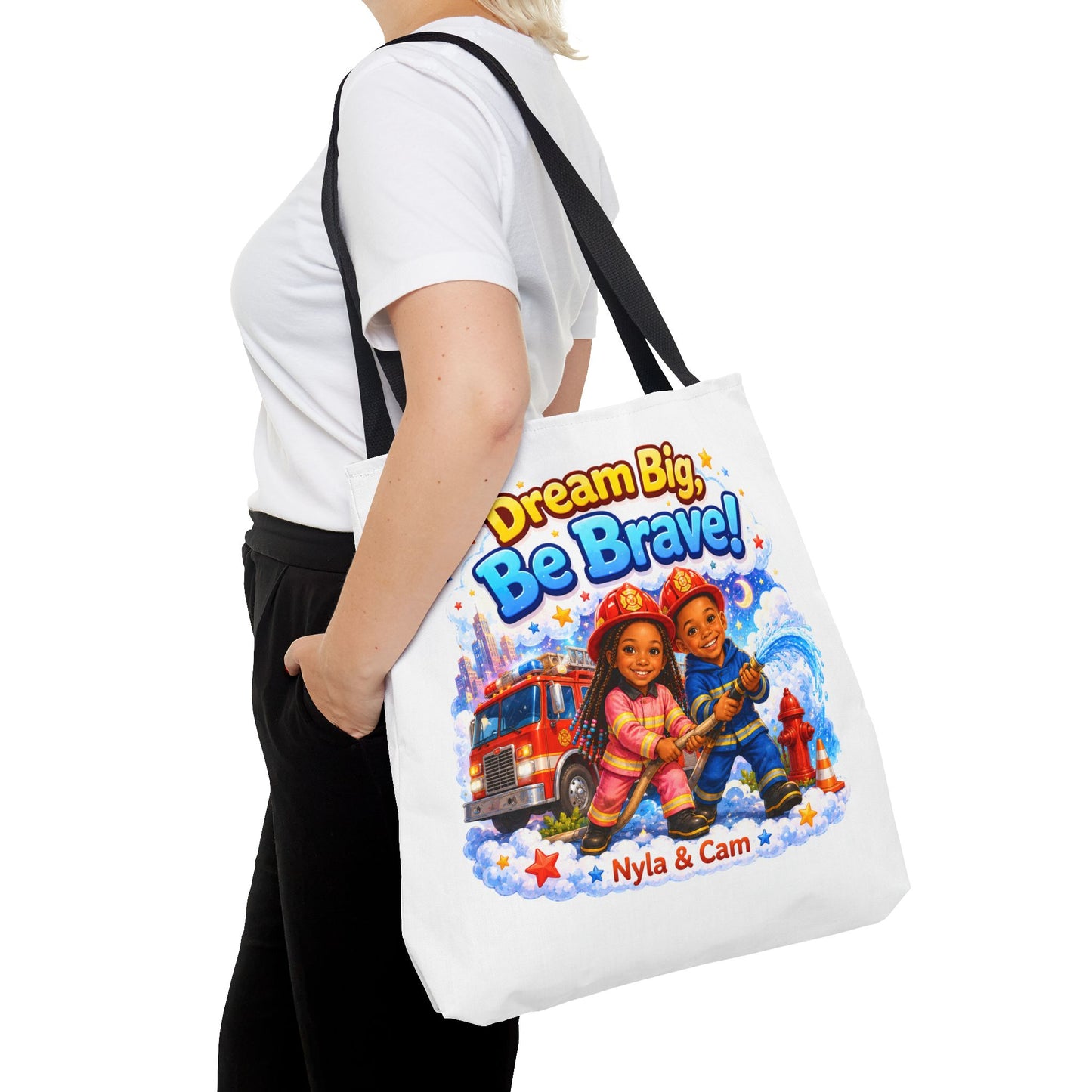 Dream Big Be Brave Tote Bag | Kids Firefighter Illustration