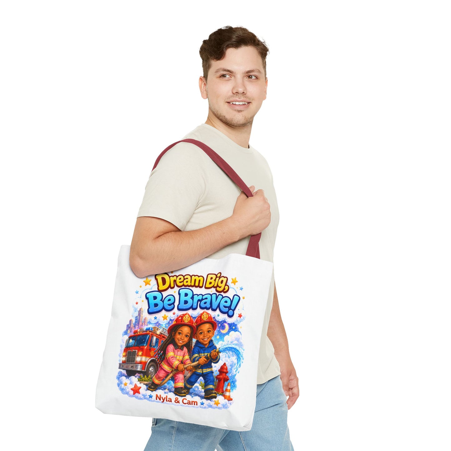 Dream Big Be Brave Tote Bag | Kids Firefighter Illustration