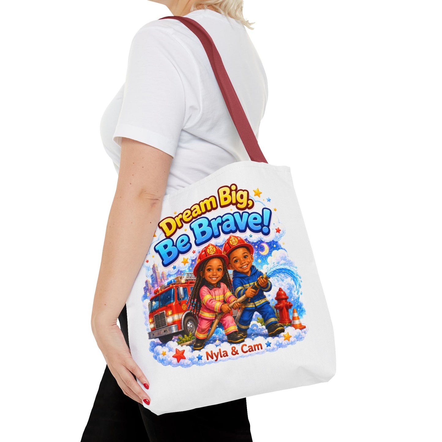 Dream Big Be Brave Tote Bag | Kids Firefighter Illustration