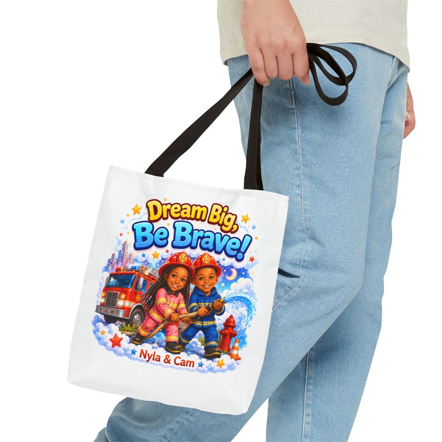 Dream Big Be Brave Tote Bag | Kids Firefighter Illustration