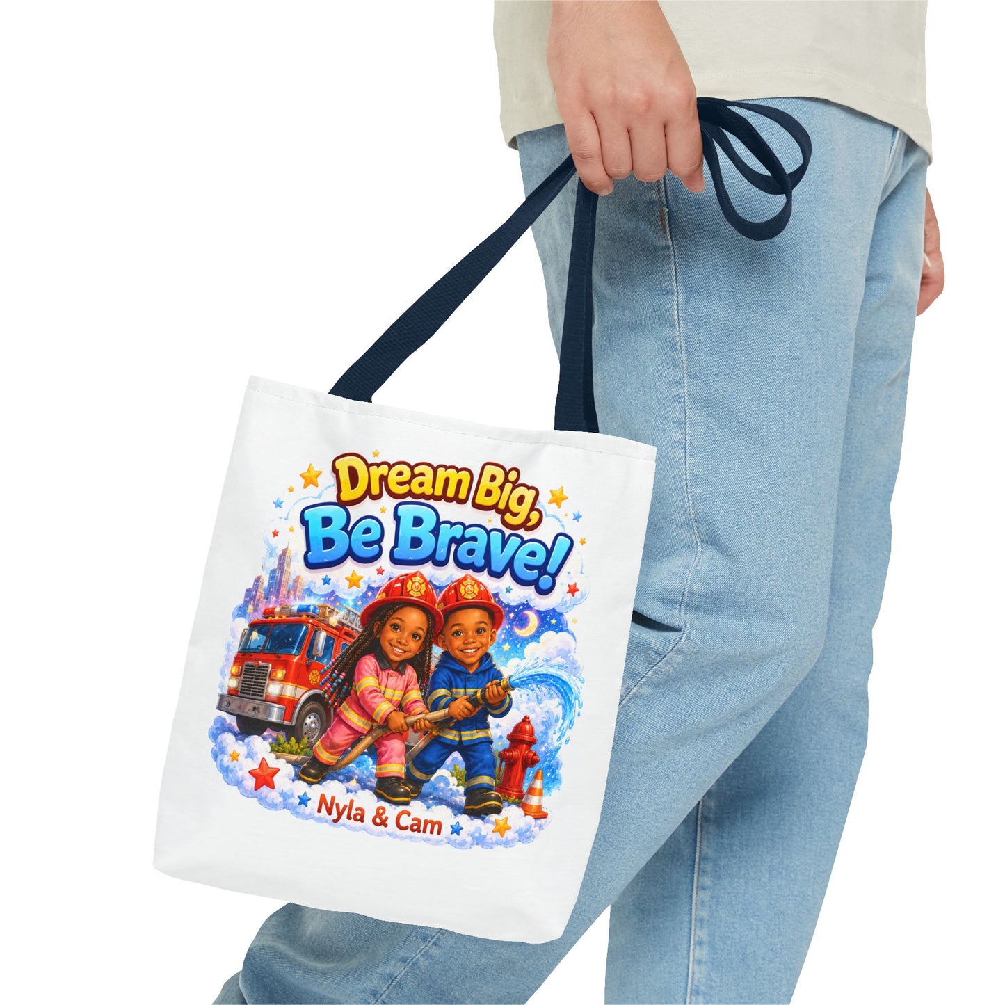 Dream Big Be Brave Tote Bag | Kids Firefighter Illustration